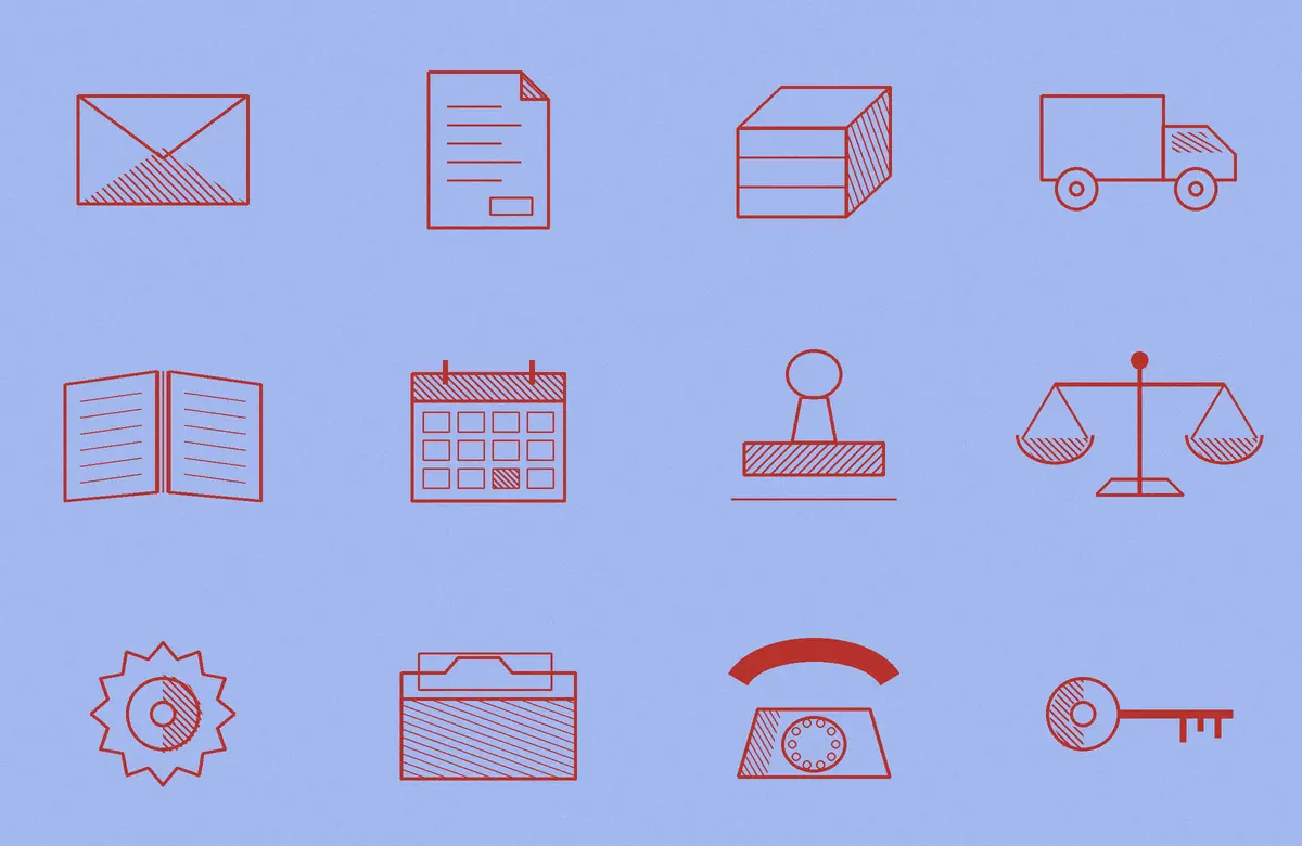 Ilustración a tinta de objetos de oficina: un sobre, una factura, una caja, un camión, un libro de cuentas, un calendario, un sello, una balanza, un engranaje, una carpeta, un teléfono y una llave.
